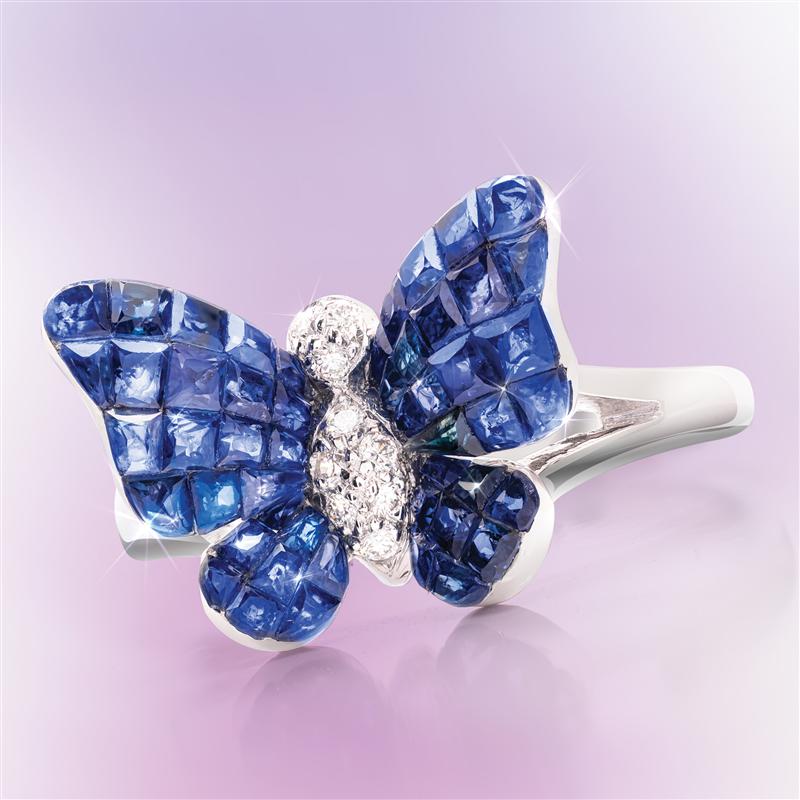 18K White Gold Invisible Set Sapphire & Diamond Butterfly Ring