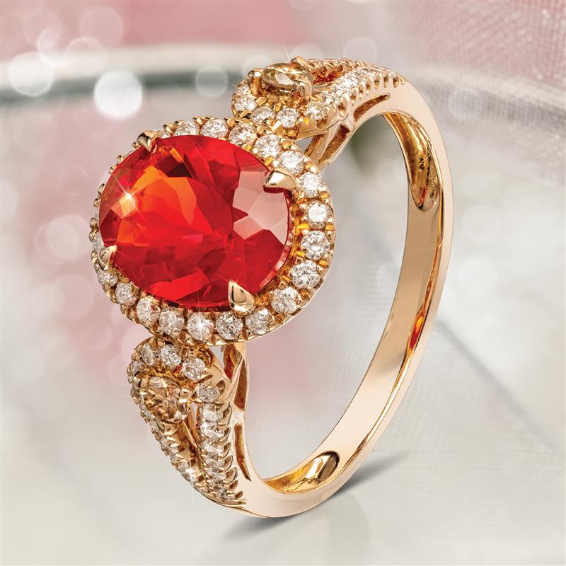 14K Rose Gold Fire Opal and Diamond Ring