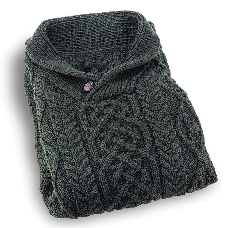 Irish-Style Wool Shawl Collar Sweater (Green)