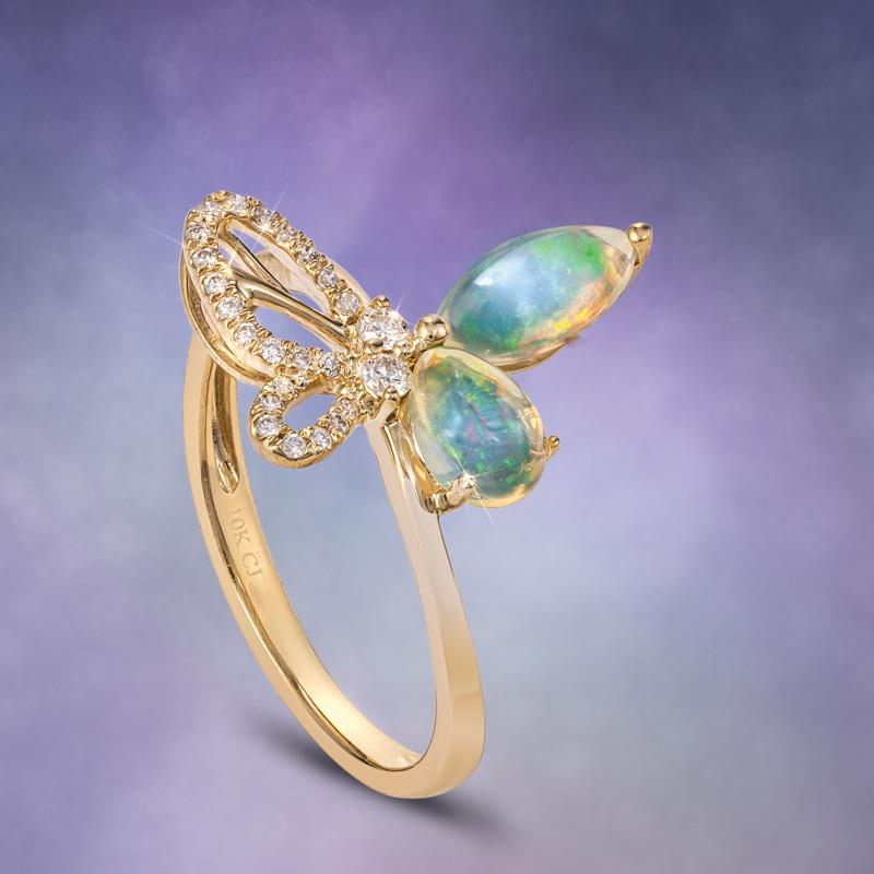 10K Yellow Gold Opal & Diamond Butterfly Ring