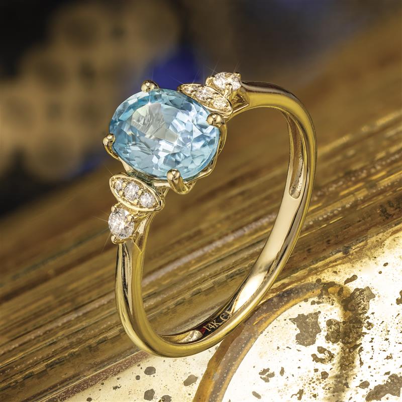 14K Yellow Gold Blue Zircon and Diamond Ring