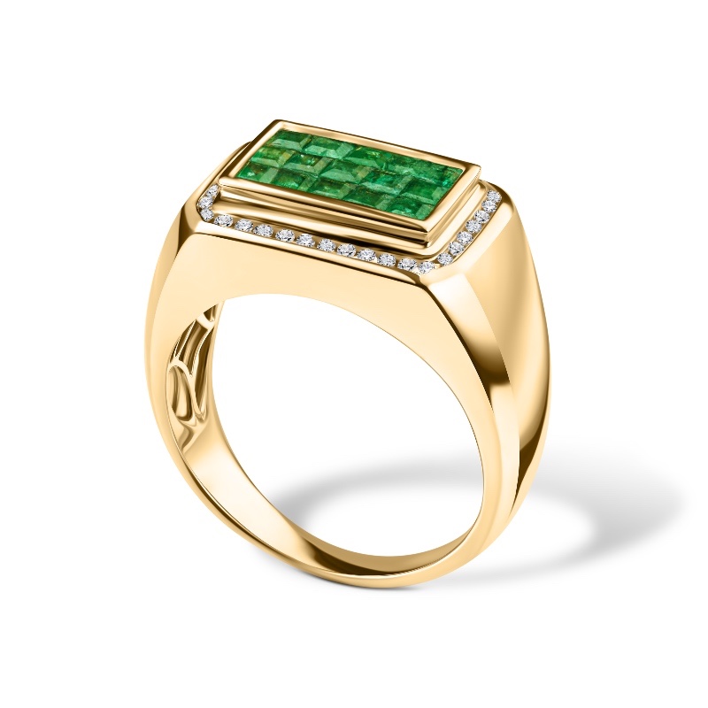 14KYG INVISIBLE SET MENS EMERALD RING 1-1/2CTW