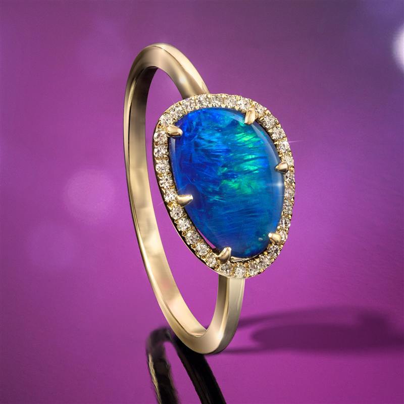 14K Gold Australian Black Opal Doublet & Diamond Ring
