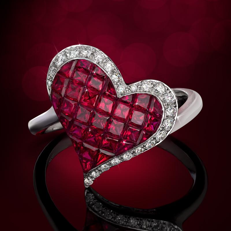 14K White Gold Ruby & Diamond Heart Ring