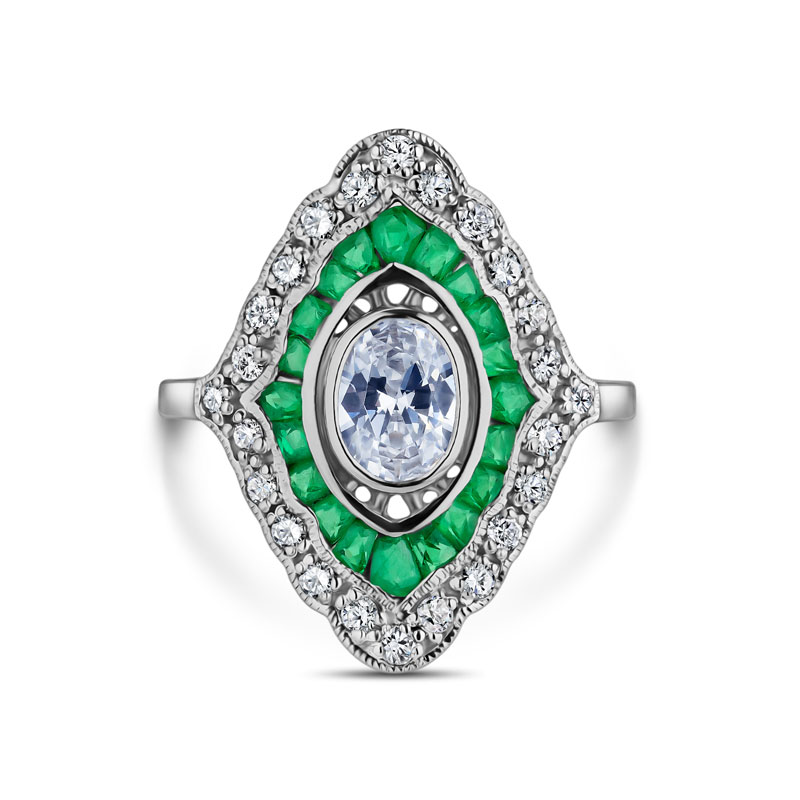 Sterling Silver Emerald and Moissanite Art Deco Ring