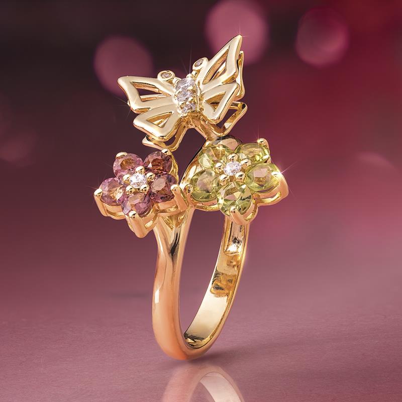 18k Gold Pink Tourmaline & Peridot Butterfly Ring