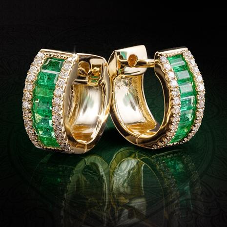 14K Yellow Gold Emerald & Diamond Huggie Hoop Earrings