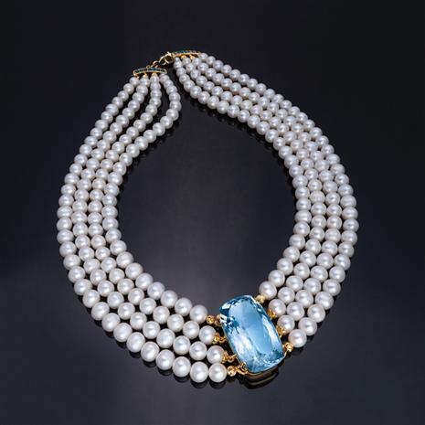 Cultured Freshwater Pearl & Sky Blue Topaz Necklace With Ruby Clasp