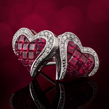 14K White Gold Ruby & Diamond Heart Earrings