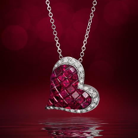 14K White Gold Ruby & Diamond Heart Necklace