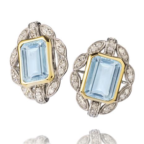 14K Yellow & White Gold Aquamarine & Diamond Earrings
