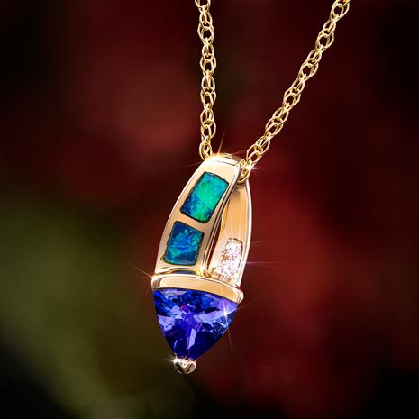14K Yellow Gold  Trillion Tanzanite and Opal Necklace