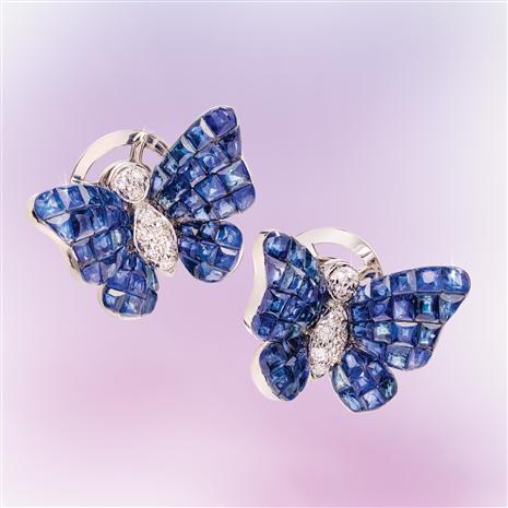 18K White Gold Invisible Set Sapphire & Diamond Butterfly Earrings