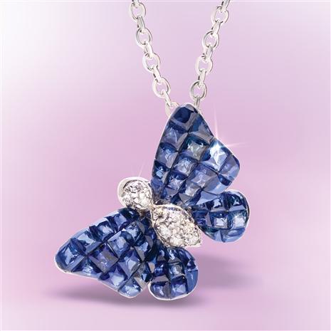 18K White Gold Invisible Set Sapphire & Diamond Butterfly Necklace