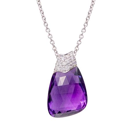 18K Gold Fancy Cut White Gold Amethyst and Diamond Necklace
