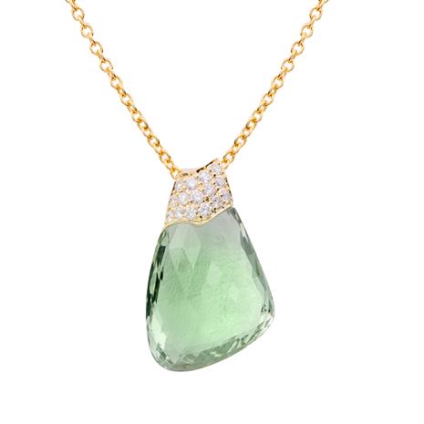 18K Gold Fancy Cut Green Amethyst and Diamond Necklace
