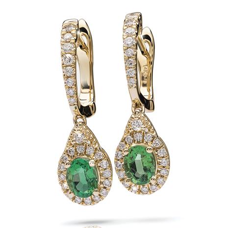 14k Yellow Gold Oval Emerald & Diamond Earrings