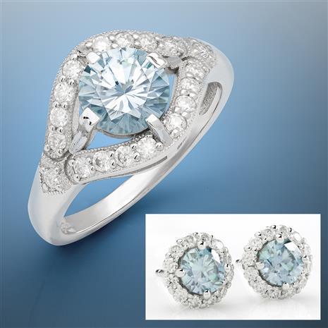 Blue Moissanite Solitaire Ring and Stud Earrings