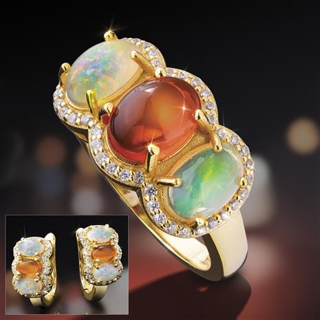 Rainbows on Fire Opal Ring & Earrings