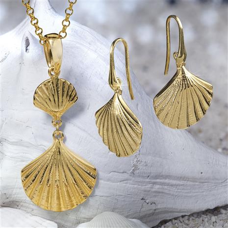 Golden Shell Pendant, Chain & Earrings