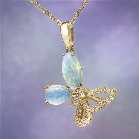 10K Yellow Gold Opal & Diamond Butterfly Necklace