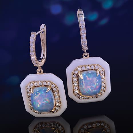 14k Yellow Gold Deco Opal & White Onyx Earrings