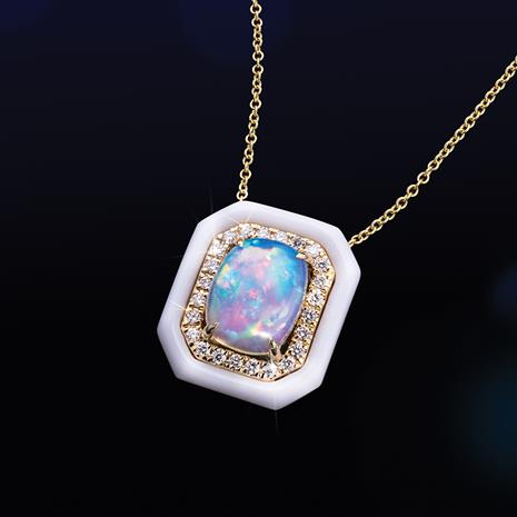 14k Yellow Gold Deco Opal & White Onyx Necklace