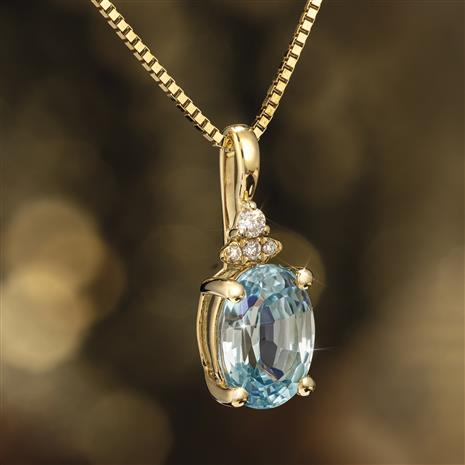 14K Yellow Gold Blue Zircon and Diamond Necklace