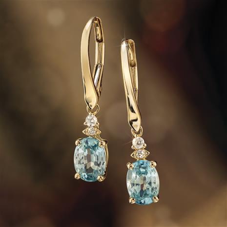 14K Yellow Gold Blue Zircon and Diamond Earrings