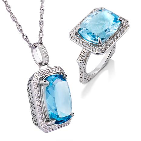 Rainbow Collection Blue Topaz Pendant, Chain & Ring